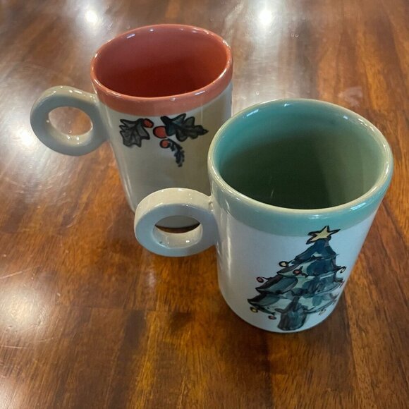 Set of 2 Handmand Pottery Christmas Mugs Hand Painted Collectible 8 Ounces! - Picture 1 of 5